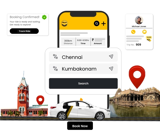 Book One-way And Round-trip Taxi From Chennai to Kumbakonam Travelers book a comfortable taxi online for a round trip between Chennai and Kumbakonam.