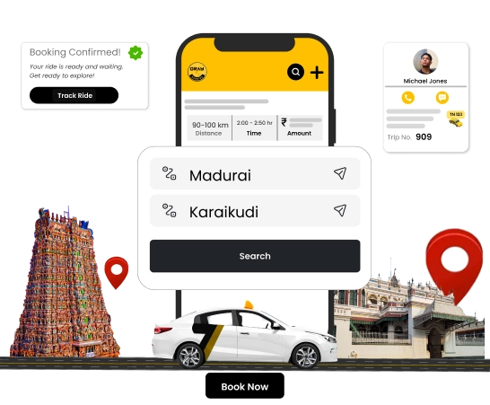 Affordable Taxi and Car Hire for Madurai to Karaikudi Trip Plan your round trip from Madurai to Karaikudi with budget-friendly car or taxi rental options.