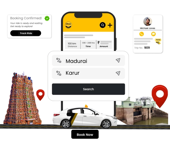 Madurai to Karur Cab Booking With Local Drivers Online Book Madurai to Karur outstation cabs with experienced local drivers for a smooth ride.