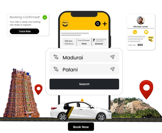 Hire Car or Van for a Comfortable Madurai to Palani Temple Trip Book fast taxi or cab from Madurai to Palani with trusted drivers and easy online booking options