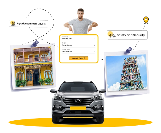 Choose The Best Taxi Booking From Madurai to Pondicherry Passenger selects the best taxi booking for a secure and relaxed ride from Madurai to Pondicherry