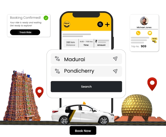 Outstation Cab From Madurai to Pondicherry Online Booking Book an outstation cab from Madurai to Pondicherry online safe, affordable & on-time travel service