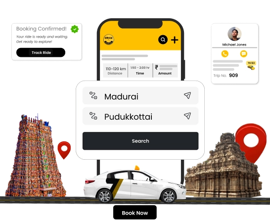 Book a cab or bus online for a relaxed and easy journey from Madurai to Pudukkottai anytime.