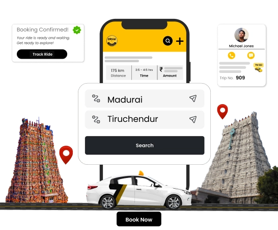 Best Madurai to Tiruchendur Cab/Bus Booking With Driver Book Madurai to Tiruchendur outstation cabs with reliable drivers for a smooth temple journey.