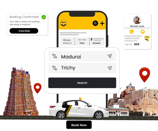 Madurai to Trichy Cab/Bus Booking With Local Driver Online Book Madurai to Trichy outstation cabs with local drivers for a safe and comfortable journey.