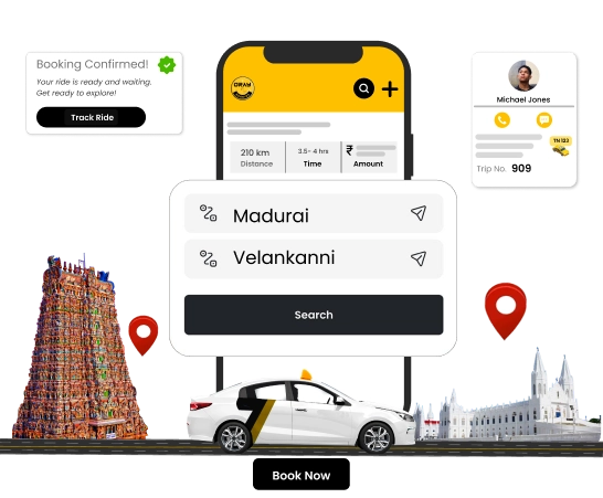 Book Madurai-Velankanni Outstation Cabs With Driver Tourists book outstation cabs with drivers for Madurai to Velankanni rides online