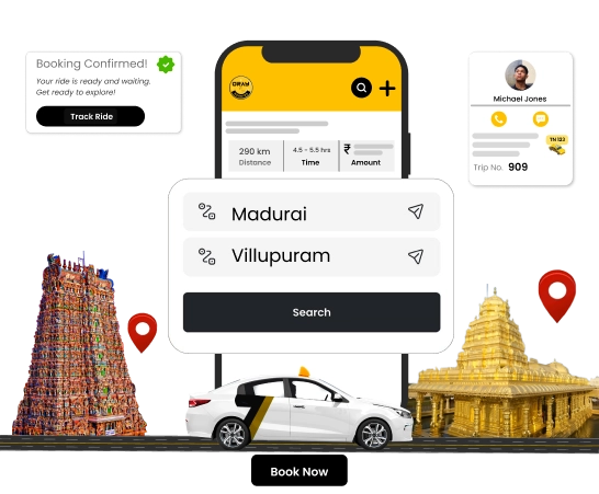 Hire Outstation Cab Online from Madurai to Villupuram Travelers book outstation cabs online from Madurai to Villupuram with experienced drivers