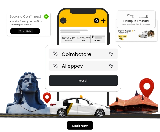  Book a one-way cab from Coimbatore to Alappuzha for a hassle-free and comfortable journey.