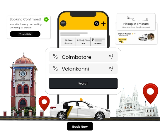 Affordable Taxi Rental for Coimbatore to Velankanni Tour Enjoy a hassle-free ride with taxi rental services for Coimbatore to Velankanni trips online.