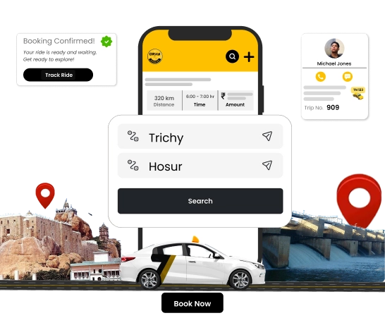 Passenger uses online booking to hire a top car taxi for a safe trip from Trichy to Hosur Hire The Best Car Taxi For Trichy to Hosur Trip Online