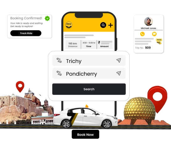 Best Round Trip Car Taxi Hire For trichy-pondicherry Hire the best round-trip car taxi service for a comfortable journey from trichy-pondicherry