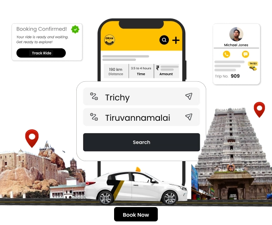 Choose Oray Booking for Trichy to Tiruvannamalai Cabs Travel from Trichy to Tiruvannamalai by booking a cab from Oray Booking for a safe and peaceful journey.